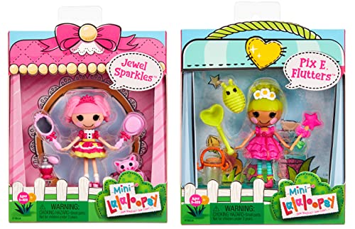 Lalaloopsy Mini TM Doll 2-Pack – Jewel Sparkles + Pix E. Flutters with Mini Pets Persian Cat & Firefly, Two 3” Mini Dolls with Accessories, in Reusable House Package playset, for Ages 3-103