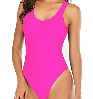 Leoparts Women's Retro Scoop Neck One Piece Swimsuits 80s/90s High Cut Low Back Custom Bathing Suits Swimwear Hot Pink