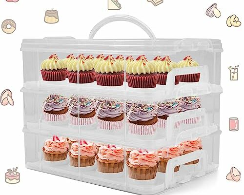 LEPump Cupcake Carrier, 3-Tiers Cupcake Containers, Holds 36 Cupcakes or 3 Large Cakes, Cupcake Holder, Cupcake Box with Lid and Handle (White, Basic)