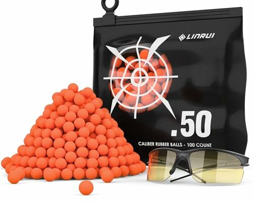 LinRui 100ct .50 Cal Paintballs Reusable for Training, Non-Lethal .50 Cal Self Defense Rubber Balls Ammo, 50 Caliber Paintball Projectiles for T4ET TR50/HDR 50, with Goggle (Orange)