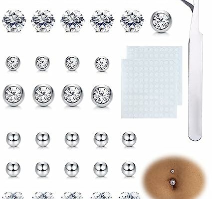 LOLIAS - Fake Belly Piercing Cubic Zirconia Belly Button Rings Ear Lip Eyebrow Nose Studs Fake Piercing Jewelry