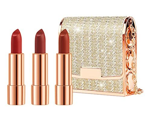 Matte Lipstick Set 3 Colors Lip Stick with Sliver Chain Bag Package Velvet Lip stick Set Waterproof Non-Stick Cup Long Lasting Retractable Red Lipstick Set 3.5gx3 Pcs