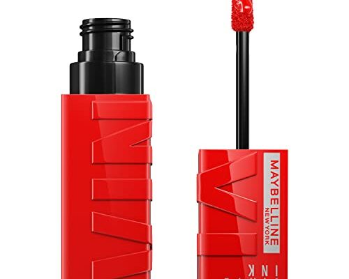 Maybelline Super Stay Vinyl Ink Longwear No-Budge Liquid Lipcolor Makeup, Highly Pigmented Color and Instant Shine, Red-Hot, Fire Engine Red Lipstick, 0.14 fl oz, 1 Count