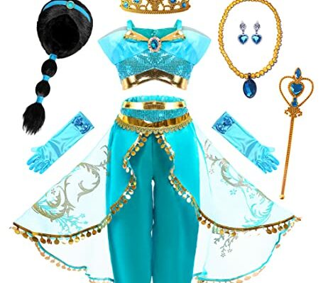 Mecamelon Arabian Princess Fancy Costume for Girls Halloween Dress Up (Wig Blue Set, 5 Years)