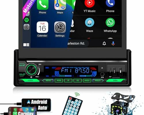 (Motorized&HD Screen) Single Din Apple Carplay Car Stereo with Android Auto - 7 Inch Flip Out Touchscreen Car Radio with Bluetooth| Mirror Link| Backup Camera/USB/AUX Input/AM/FM/Subwoofer/DSP