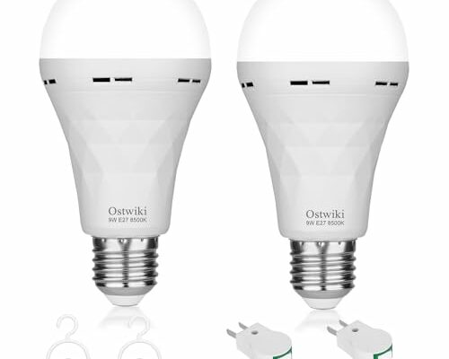 Ostwiki 2 Pack Emergency Rechargeable Light Bulbs,Battery Operated Backup Light Bulb 9W E27 8500K 1200mAh White Equivalent Self-Charging LED Light Bulbs for Power Outage Camping Outdoor Activity