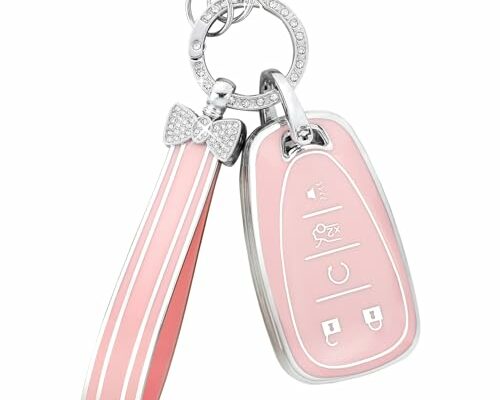 PIFOOG Key Fob Cover for Chevy Pink Soft TPU 5 Button Car Keys Case Shell Bling Keychain Accessories for Chevrolet Equinox Malibu Camaro Traverse Blazer Cruze LT Trailblazer Girly Women