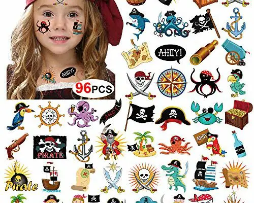 Pirate Tattoos(96Pcs), Konsait Pirate Temporary Tattoo Fake Neverland Pirated Cannon Powder Jake Captain Tattoo Body Sticker for Pirate Birthday Party Favors Supplies Kids Boys Girls Party Bag Filler