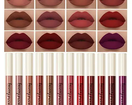 QiBest 12Pcs Matte Liquid Lipstick Set for Girls & Women, 24 Hours Long Lasting Waterproof Nude & Dark Red Lip Gloss Makeup Gift Kits, Velvet Non-Stick Cup Mate Duracion 24 Horas Originales Lip Stains