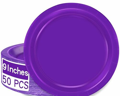 QZYL Disposable Paper Plates Set, 50 PCS Purple Dinner Paper Plates, Round 9 Inches Party Plates Pack for Daily Meal Picnic Anniversary Mardi Gras Carnival Festival Gathering Party Supplies