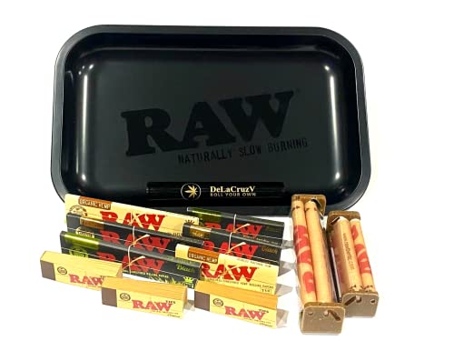 RAW Bundle - 12 Items - RAW Rolling Paper R.y.o (Roll Your Own) Cigarette Kit, Raw Organic Paper, Raw Black Classic paper with DeLaCruzV Tube.