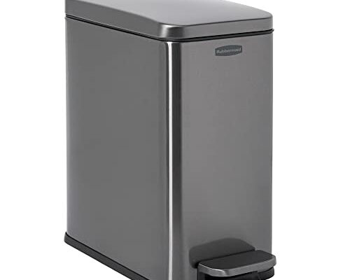 Rubbermaid Stainless Steel Slim Step-On Trash Can, 2.6-Gallon, Charcoal, Wastebasket with Lid for Home/Bathroom/Kitchen