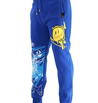 SCREENSHOT-P11268 Mens Urban Hip Hop Premium Streetwear Fleece Bottoms - Skeleton Graffiti Line Drawing Smiley Dripping Emoji Gel Print Sweatpants-Royal-Medium