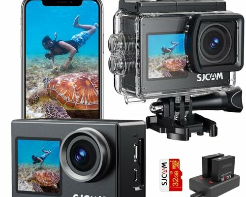 SJCAM Upgraded SJ4000 Action Camera Dual Screen 4K30FPS Ultra HD Underwater Camera Waterproof 170° Wide-Angle WiFi Helmet Camera with 2 Batteries and Accessories for Motorcycle Vlogging