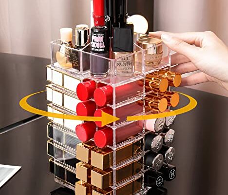 Sooyee Lipstick Organizer,53 Spaces 360 Degree Spinning Lipstick Holder,Acrylic Cosmetic Display Cases for Lipstick, Brushes, Bottles, and more,Clear