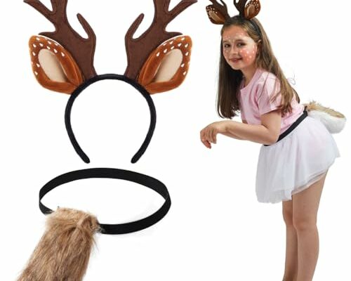 Spooktacular Creations Halloween Deer Headband with Fawn Tail Accesories Set, Antler Headband Reindeer Costume for Girls Women Halloween Dress Up Cosplay Party