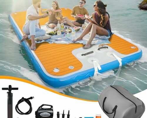 Toriexon 8 ft × 5 ft Inflatable Floating Docks for Lake, 8in Thickened Heavy-Duty Floating Dock, Up to 4-6 Adults, Anti-Rollover Inflatable Dock Platform w/Non-Slip Mat, Pumps and Carry Backpack