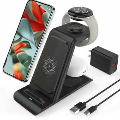 Upgraded 3 in 1 Wireless Charger Compatible with Google Pixel Watch 3/2, Pixel 9 Pro XL/9/8/7/7A/6 Pro, Pixel Buds Pro/2, Wireless Charging Station for Multiple Devices (Not for Pixel Watch 1)