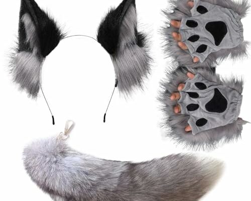 Valpeak Wolf Fox Ears and Tail Set with Therian Paws Fox Costume Furry Paws(Wolf Gray Set)