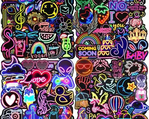 Water Bottle Stickers 200 Pcs Cool Neon Stickers, Sticker Pack for Kids Adults Teens, Waterproof Vinyl Stickers, Stickers for Laptop Skateboard Journal Notesbook Computer Phone Cup Guitar Luggage etc