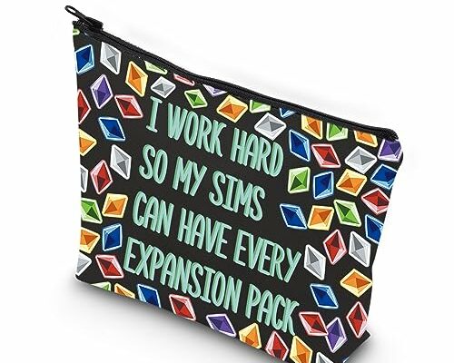 WCGXKO Video Game Gift Sim Game Gift Funny Gaming Zipper Pouch Sims 4 Plumbob Pattern Makeup Bag For Gamer (I WORK HARD)