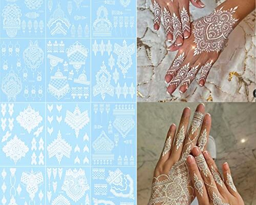 Xmasir 12 Sheets White Henna Tattoo Kit Waterproof Henna Tattoo Stickers for Women Wedding Party Temporary Henna Stickers (White)