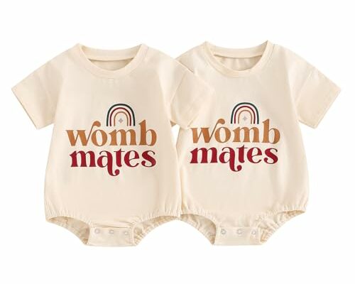 YOKJZJD Newborn Baby Girl Boy Twins Matching Outfits Womb Mates Short Sleeve Bubble Romper Bodysuit Summer Coming Home Outfit (Beige, 0-3 Months)