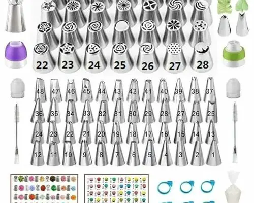 YOQXHY 193 Pcs Russian Piping Tips Set, with 28 Numbered Russian Tips,48 Numbered Icing Tips,1 Ball Tip,2 Leaf Tips,Pattern Chart,100 Pastry Bags,4 Couplers,6 Bag Ties for Cake Decorating