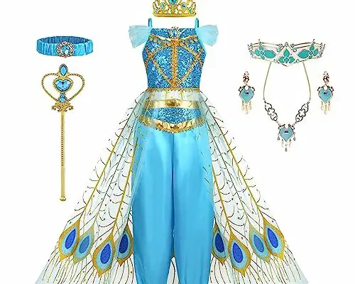 ZALOORIY Jasmine Costume for Girls Princess Dress Kids Birthday Party Jasmine Cosplay Outfit (Blue, 7-8T)