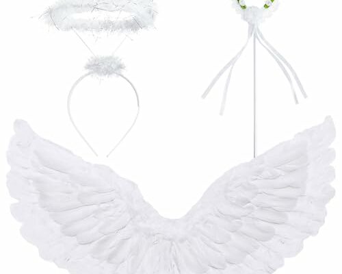 Zezzxu Angel Wings and Halo Magic Wand Set, Small White Feather Wing Halloween Angel Costume Set for Girls Kids (25 × 13 Inches)