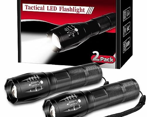 2 Pack Tactical Flashlights Torch, Military Grade 5 Modes 3000 High Lumens Led Waterproof Handheld Flashlight for Camping Biking Hiking Outdoor Home Emergency