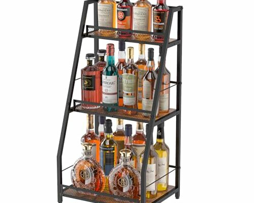 3-Tier Trapezoid Liquor Stand for Home Bar, Stepped Wine Racks Freestanding Floor for Liquor Whiskey Wine,Versatile Corner Wine Bottle Display Stand with Fences, Vintage Brown（Patent Pending）