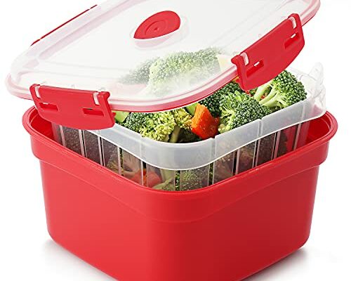 3 Piece Microwave Steamer basket with Removable Strainer - 2 Liter Microwave Steamer for Vegetables, Broccoli & Fish - BPA Free Veggie Steamer with Airtight Locking Lid