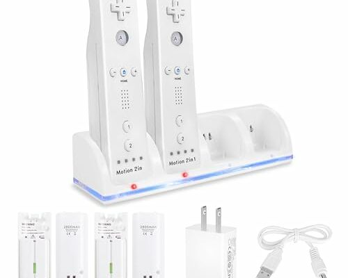 4-in-1 Charging Station for Wii&Wii U Remote Controller,Charger with 4 Rechargeable Battery Packs (4 Port Charging Station+4 pcs 2800mAh Replacement Batteries+USB Cable),Remote Not Included