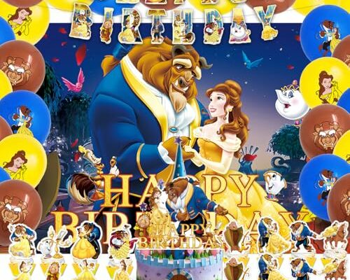 42pcs Beauty and the Beast Party Plates Supplies Pack Includes，Banner，Cake Topper，Blackdrop,Balloons for Beauty and the Beast party decoration