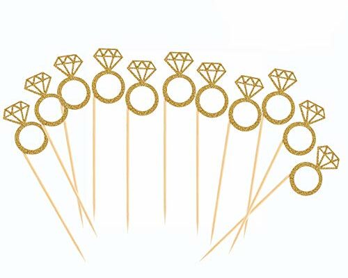 50 Pack Cupcake Toppers Gold Glitter Mini Diamond Ring Cakes Toppers for Marriage Engagement Anniversary Birthday Valentines Party Cake Decor