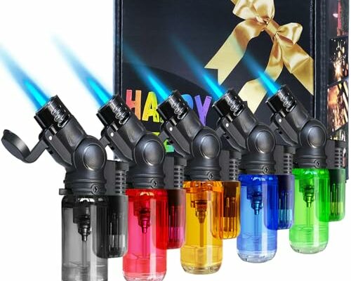 5 Pack Torch Lighter Mini Refillable Butane Lighters Single Jet Flame 45° Rotatable Torch Lighters Windproof Adjustable Butane Gas Lighter for Candle Camping Fireplace Party BBQ Grill(Without Fuel)