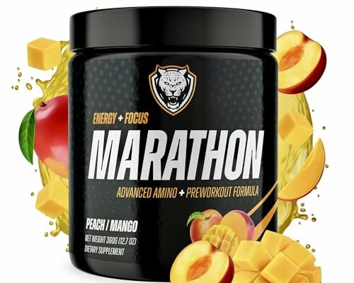 6AM Run Marathon, Pre Workout Powder for Distance Running, High Energy Amino Formula, for Cardio and Stamina, No Jitters, All Natural, Keto, Vegan, Peach Mango Flavor, 40 Servings