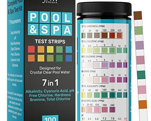 7-Way Pool Test Strips, 100 Quick & Accurate Pool and Spa Test Strips, Pool Water Test Kit - Chlorine, Bromine, pH, Hardness, Alkalinity, Pool Water Tests, Spa and Hot Tub Test Strips with Ebook - JNW