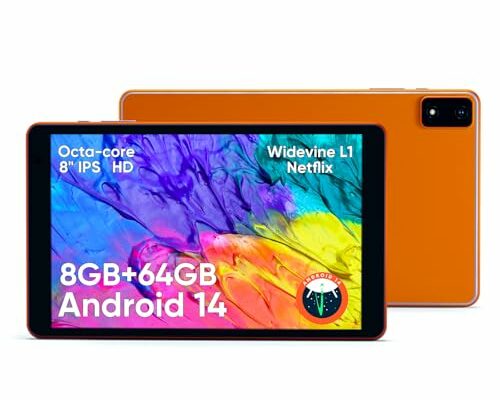 8 inch Tablet, Metal Body Octa-Core Processor Android 14 Tablet , 8GB RAM, 4000mAh Battery, 64GB Storage, 6 FT Charging Cable, Reinforced Typc-C Port, 10W Charging Adapter, Dual-speakers, Orange