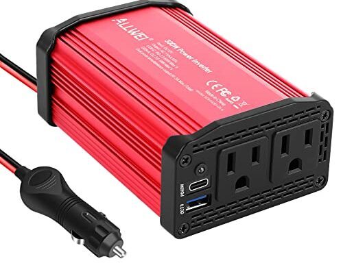 ALLWEI 300W Car Power Inverter with 65W USB-C and 3.0 USB Port - DC 12V to 110V AC Power inverters for Vehicles Converter Fast Charging Ports Car Charger Adapter (Red)