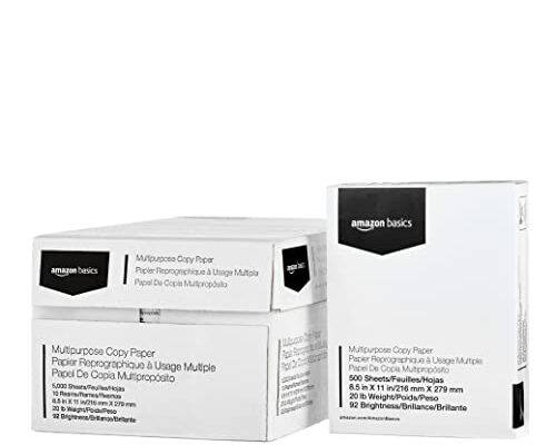 Amazon Basics Multipurpose Copy Printer Paper, 8.5" x 11", 20 lb, 10 Reams, 5000 Sheets, 92 Bright, White