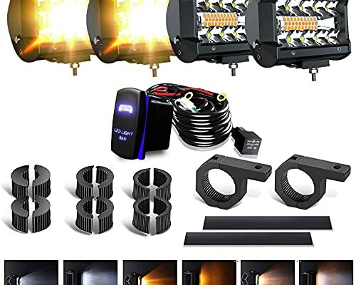 ASLONG 4Pcs 4inch LED Pods Strobe Lights, White/Amber Yellow LED Light Bar Driving Fog Offroad Cube Light w/Tube Clamp Mounting UTV Flag Mount Whip Light Mount Kit for ATV UTV Trucks w/Wiring Kit