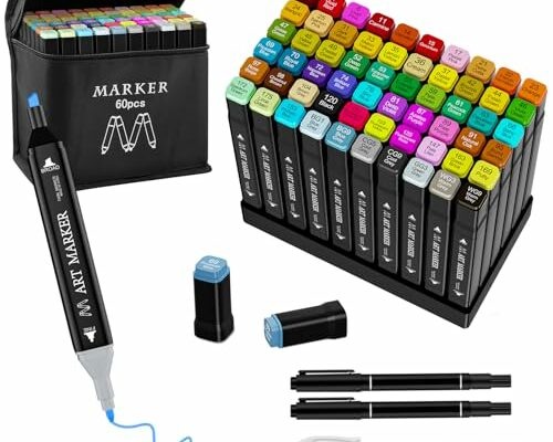 ATDOALL Alcohol Markers Set, 60 Colors Dual Tip Art Markers, Alcohol Based Markers for Kids Sketching Adult Coloring, Permanent Drawing Markers with Case and Holders