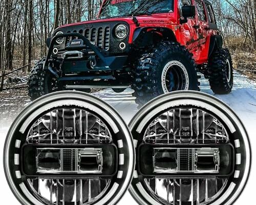 AUDEXEN Upgraded 1200% Bright 7 Inch LED Headlights Round JK 7" Headlight Compatible with Jeep Wrangler JK JKU LJ TJ 1997-2018 Halo Ring Hi/Lo Sealed Beam H6024 Plug & Play DOT Approved Black