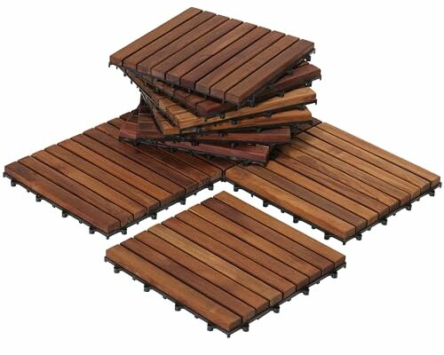 Bare Decor EZ-Floor Interlocking Flooring Tiles in Solid Teak Wood Oiled Finish (Set of 10), Long 9 Slat