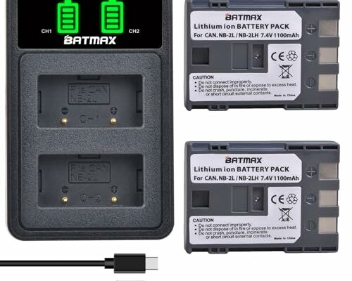 Batmax 2Pcs NB-2L NB-2LH Battery + Dual USB LED Charger for Canon PowerShot G7 G9 S80 S70 S60 S50 S45 S40 S30, Canon DC410 DC420 EOS 350D 400D Digital Rebel XT XTi, VIXIA HF R10