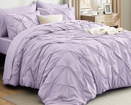 Bedsure Light Purple Comforter Set Full - Bedding Sets Full 7 Pieces, Pintuck Bed in a Bag Lavender Bed Set with Comforter, Sheets, Pillowcases & Shams