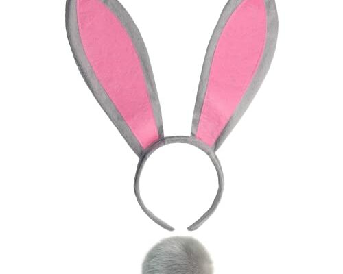 Bunny Ears and tail Set, Plush Easter Rabbit Ears Headband Tail Bunny Halloween Cosplay Costume Accessories (Gray)