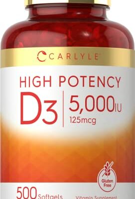 Carlyle Vitamin D3 5000 IU Softgels | 500 Count | Value Size | Non-GMO and Gluten Free Supplement | High Potency Formula | 125mcg